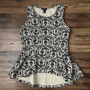 Vintage Y2K Black Velvet Cream‎ Damask Peplum Top Medium Goth Grunge Fairy Boho